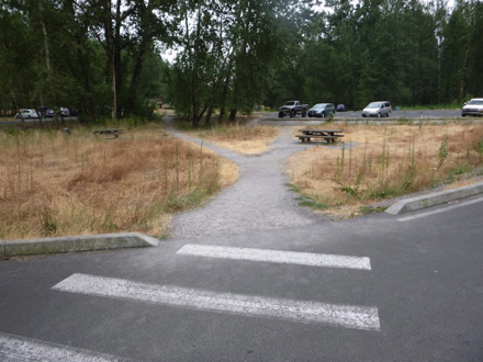 Picnic area with crosswalk from parking and restroom has a steep drop to gravel surface